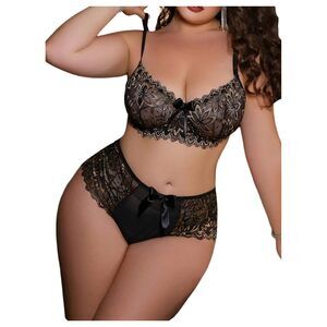 1118 Plus Size Lingerie Set 2 Piece Floral Lace Sheer Underwire Bra